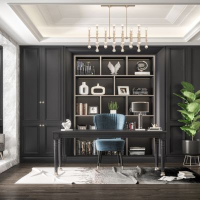 欧式书房 书柜 书桌椅 吊灯 书籍 台灯 单椅 地毯 窗帘