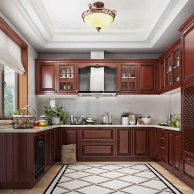 欧式古典厨房 橱柜 吧台 吊灯 厨具 吧椅