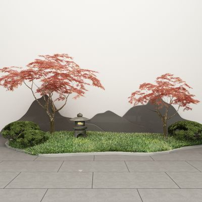 新中式红枫 树 植物 中式假山 园艺小品 石灯 草地