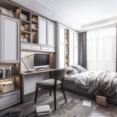 北欧现代榻榻米卧室 书房 书桌 单椅 书柜