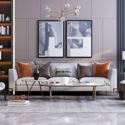 现代轻奢沙发茶几组合 吊灯 休闲椅 挂画 花瓶 书籍 摆件