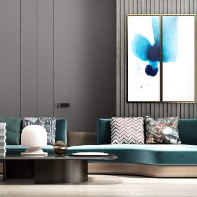 现代轻奢休闲绒布多人沙发 茶几饰品组合