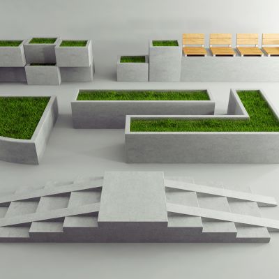 现代花坛 草坪 公共椅