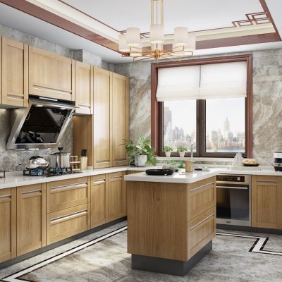 新中式厨房 橱柜 吊柜 吸顶灯 中岛 厨具 摆件 百叶帘