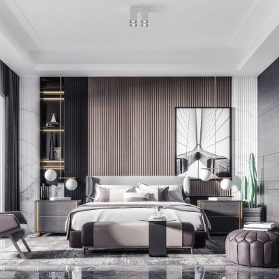 现代卧室 床具 双人床 床头柜 衣柜 落地灯