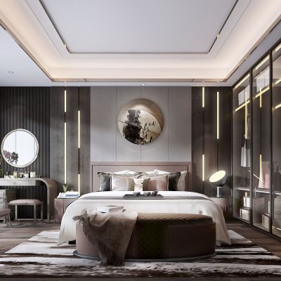 新中式卧室 床 床头柜衣柜 床尾榻 桌子 椅子 背景墙