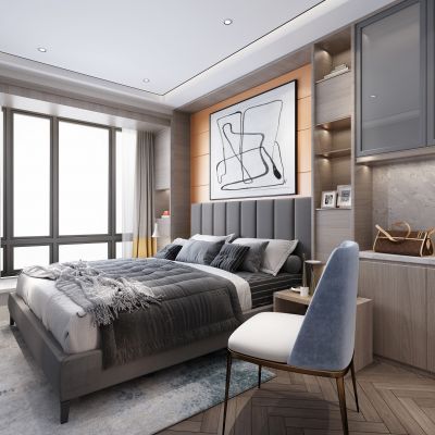 现代主卧室  床具 椅子 饰品摆件 挂画 床头柜 地毯 窗帘 抱枕 飘窗