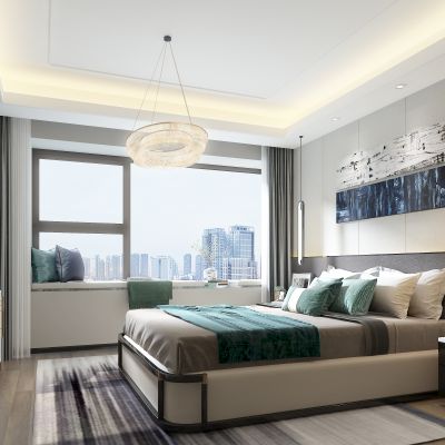 新中式卧室 床 床头柜 吊灯挂件 电视柜背景墙