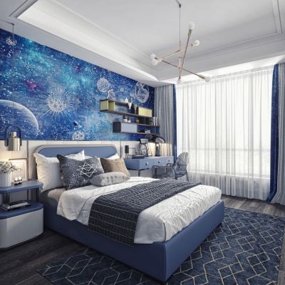 现代男孩儿童房 床 床头柜 书桌椅 层板架 窗帘 吊灯