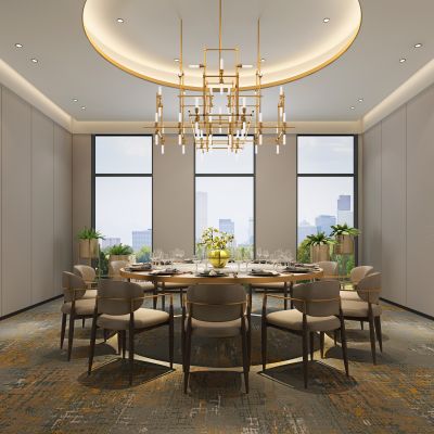 现代餐厅大包间 餐桌椅 餐具 工业风金属管灯