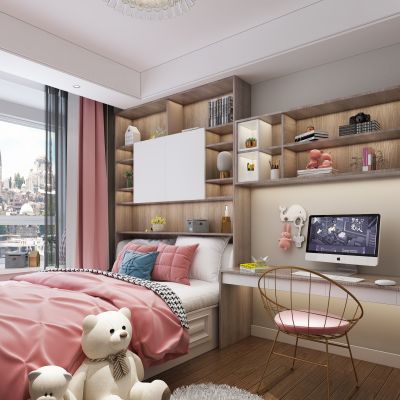 现代女儿房 榻榻米 卧室书桌 床头柜 熊玩偶 粉色窗帘 床品