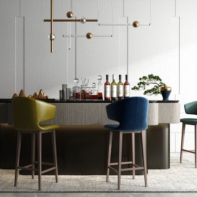 现代吧台椅吊灯酒水饰品组合