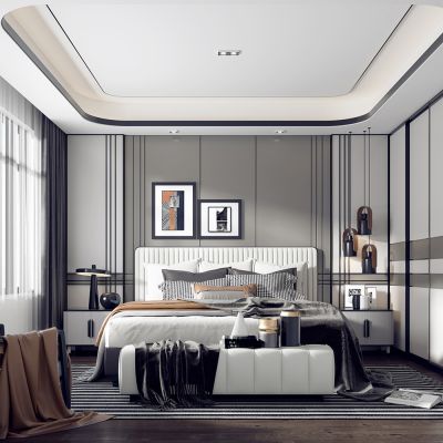 现代轻奢卧室 床 衣柜 床尾凳