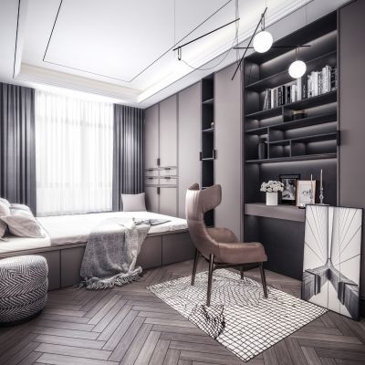 现代榻榻米书房 卧室 书桌 单椅 书柜 衣柜