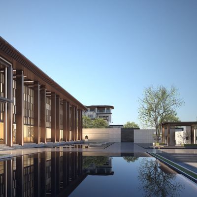 新中式新亚洲售楼处 建筑外观 示范区庭院景观 泳池 水景