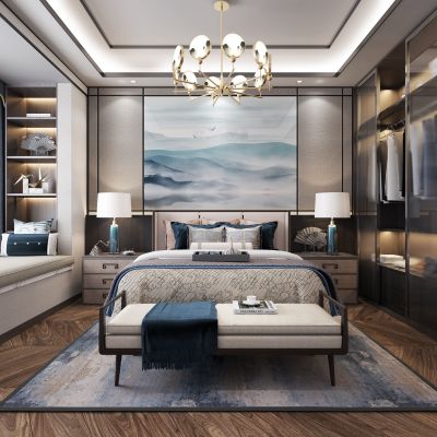 新中式主卧 床头柜 床 衣柜