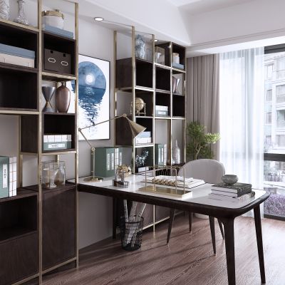 现代书房 书桌椅 书柜 装饰画