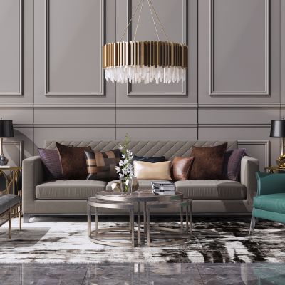 新中式沙发 茶几 吊灯组合