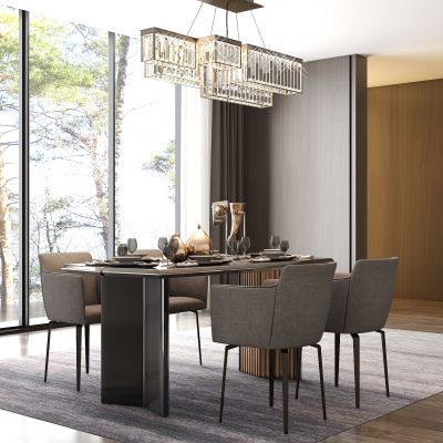 现代餐厅 餐桌椅 吊灯 餐具 饰品