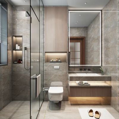 现代卫生间 镜子 浴室柜 马桶 淋浴间