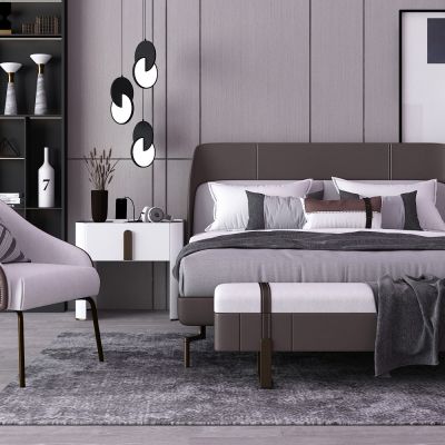 现代双人床床头柜组合