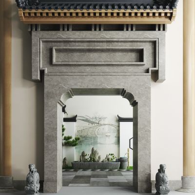 中式庭院大门 石鼓 水池 松树 石头