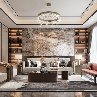 新中式客厅 沙发 椅子 茶几 角几 背景墙 柜子 台灯 吊灯