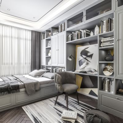 北欧现代榻榻米卧室 书桌 单椅 书柜 衣柜书桌