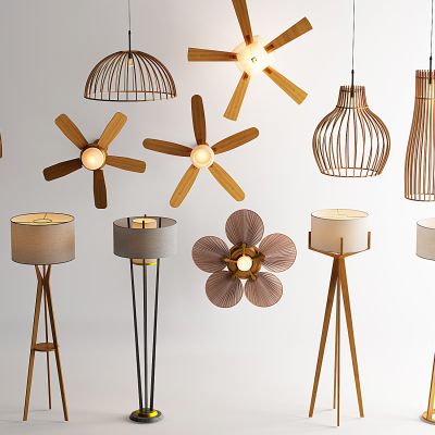 北欧风扇灯 木质小吊灯 落地灯组合