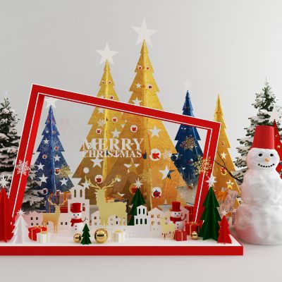 现代雪景 圣诞树 雪人