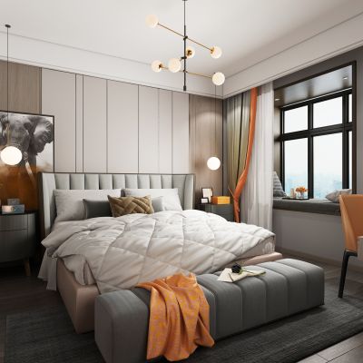 现代卧室 吊灯 挂画 双人床 床头柜 床尾凳 书桌