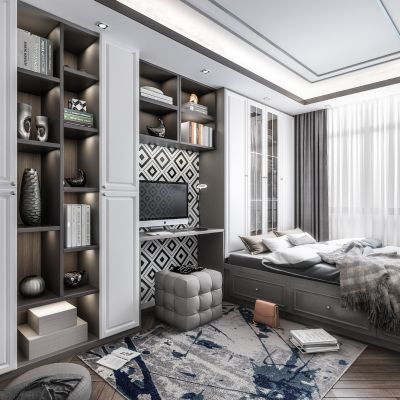 北欧榻榻米卧室 书桌 单椅 书柜 衣柜书桌