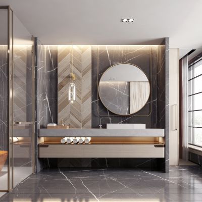 现代轻奢卫生间 浴柜 洗手盆 镜子 毛巾架 浴屏