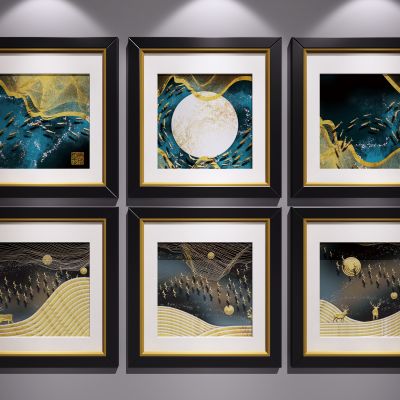 新中式装饰挂画 山水画 艺术画 三联画