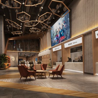 现代影院大厅 吊灯 桌椅 一体机 收银台 绿植