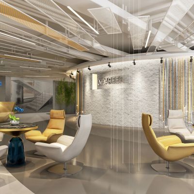 现代办公室 前厅 管灯 铁丝网 休闲椅 金属接待台