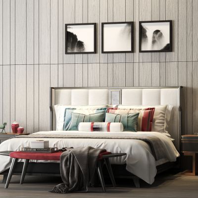 现代轻奢布艺双人床床头柜饰品组合