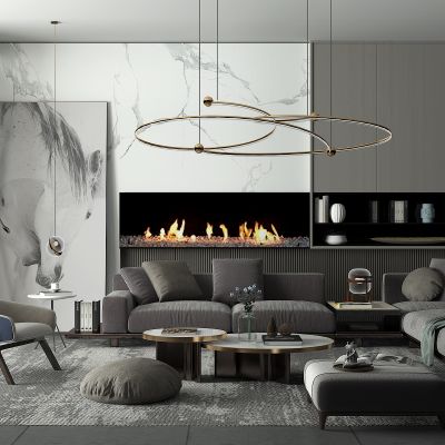 现代客厅 沙发组合 装饰画 壁炉