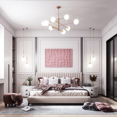 SY018_现代儿童房,女儿房，女孩房，双人床,吊灯台灯,大象布面凳,床头柜,女儿房