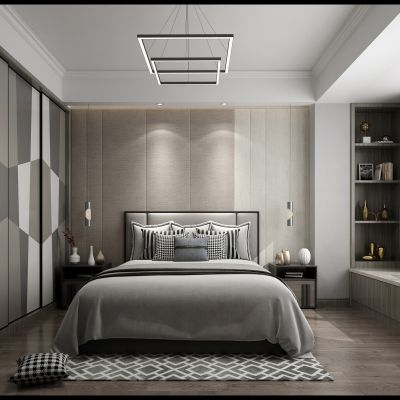 现代轻奢卧室 床具 窗帘