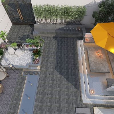 现代别墅庭院景观，绿植，植物堆，景观池，花草树木，休闲平台，景观石，竹子