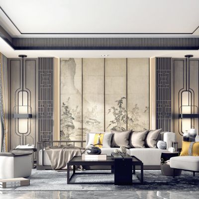 新中式客厅 沙发茶几组合 椅子 背景墙