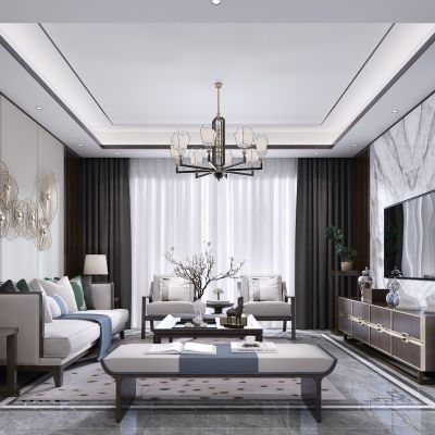 新中式客厅 多人沙发 茶几 吊灯 台灯 地毯 窗帘 装饰品抱枕