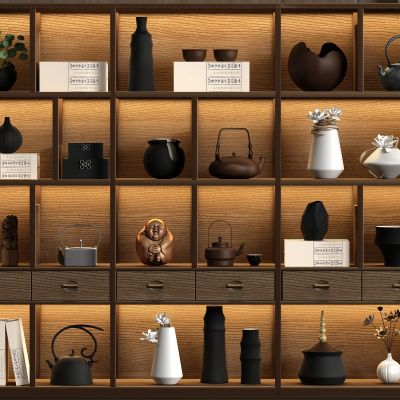 新中式实木装饰柜摆件茶壶组合