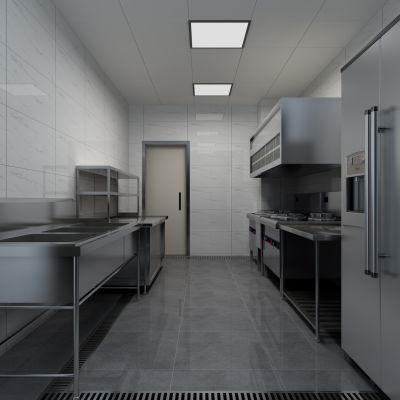 现代餐厅 后厨 冰箱 油烟机 操作台蒸汽锅大锅灶