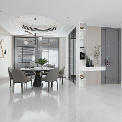 现代轻奢餐厅，餐桌，入户防盗门，鞋柜，酒柜，装饰柜，餐厅背景墙，厨房推拉门