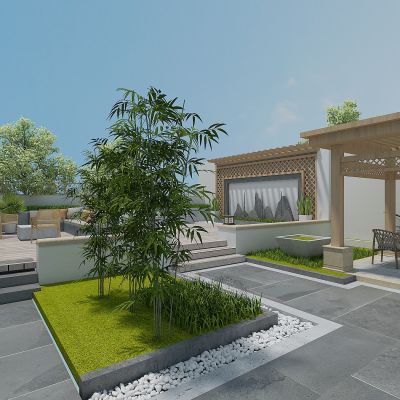 现代别墅庭院景观，绿植，植物堆，竹子，花草树木，休闲平台，庭院背景墙