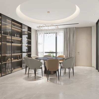 现代餐厅，玻璃酒柜，圆餐桌，厨房玻璃推拉门，餐厅吊灯