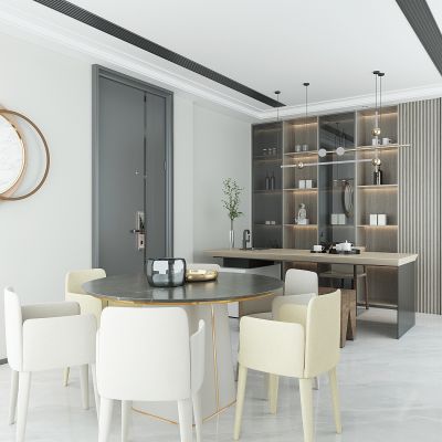 现代餐厅，餐桌，入户指纹锁防盗门，茶桌，茶柜，酒柜，吊灯