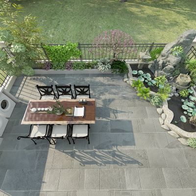 现代别墅庭院景观，绿植，植物堆，后院围栏，花草树木，假山水池，水景池，洗衣台